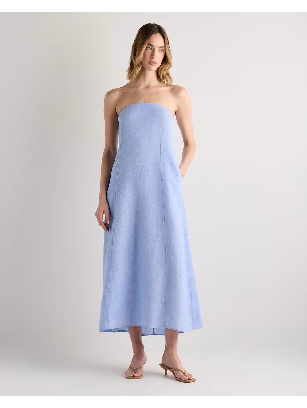 Quince Light Blue Strapless Linen Midi Dress